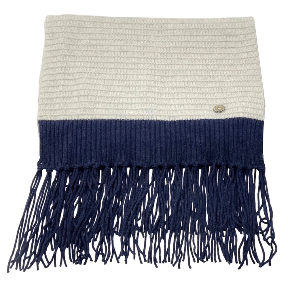 CHANEL SILVER / GREY / NAVY 2008 FRINGED CASHMERE KNIT SCARF